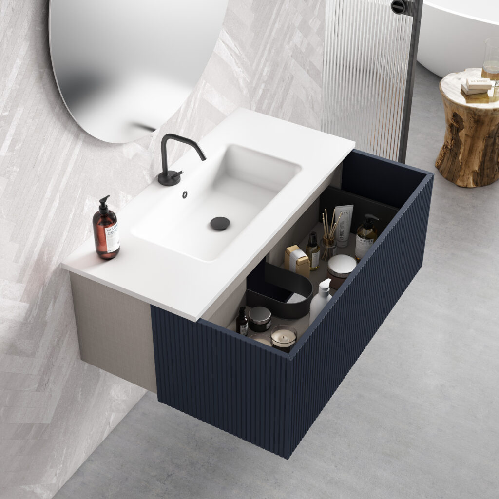 Mueble para baño de un cajón con lavabo integrado fabricado en solid surface