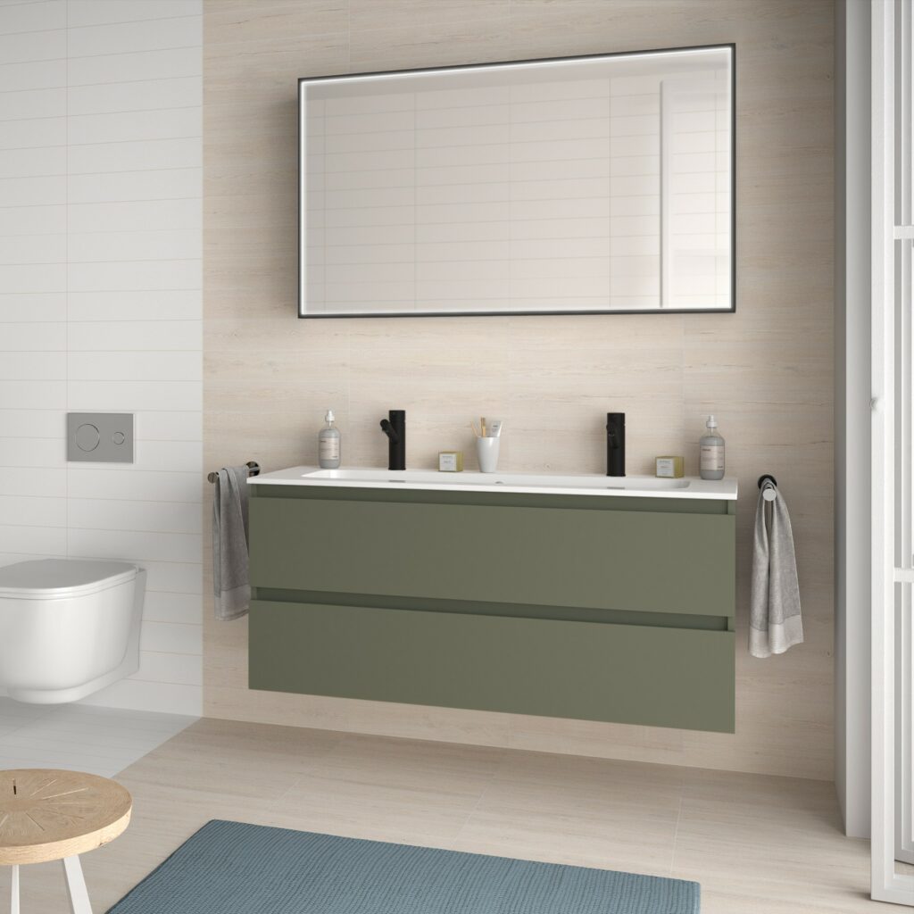 Mueble de baño en tono verde con lavabo integrado