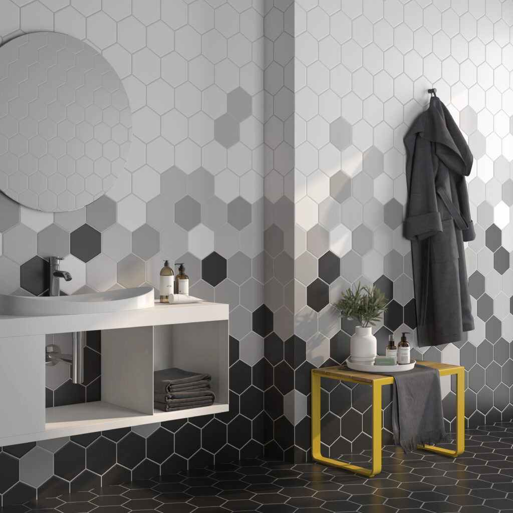 Azulejos con forma octogonal combinado en blanco, negro y diferentes tonos de grises