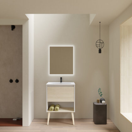 Mueble de baño en madera clara con cajón y estante para toallas