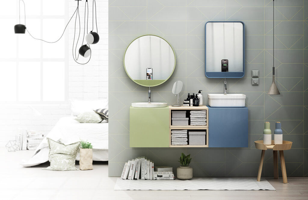 Mueble modular de baño con dos lavabos en colores verde y azul combinado con madera natural